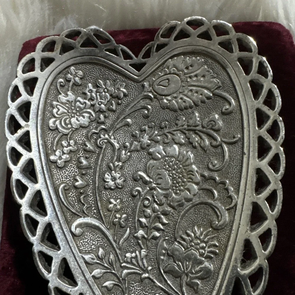 Brighton Vintage Silver Played Heart Shaped Trinket Jewelry Dish Large Floral